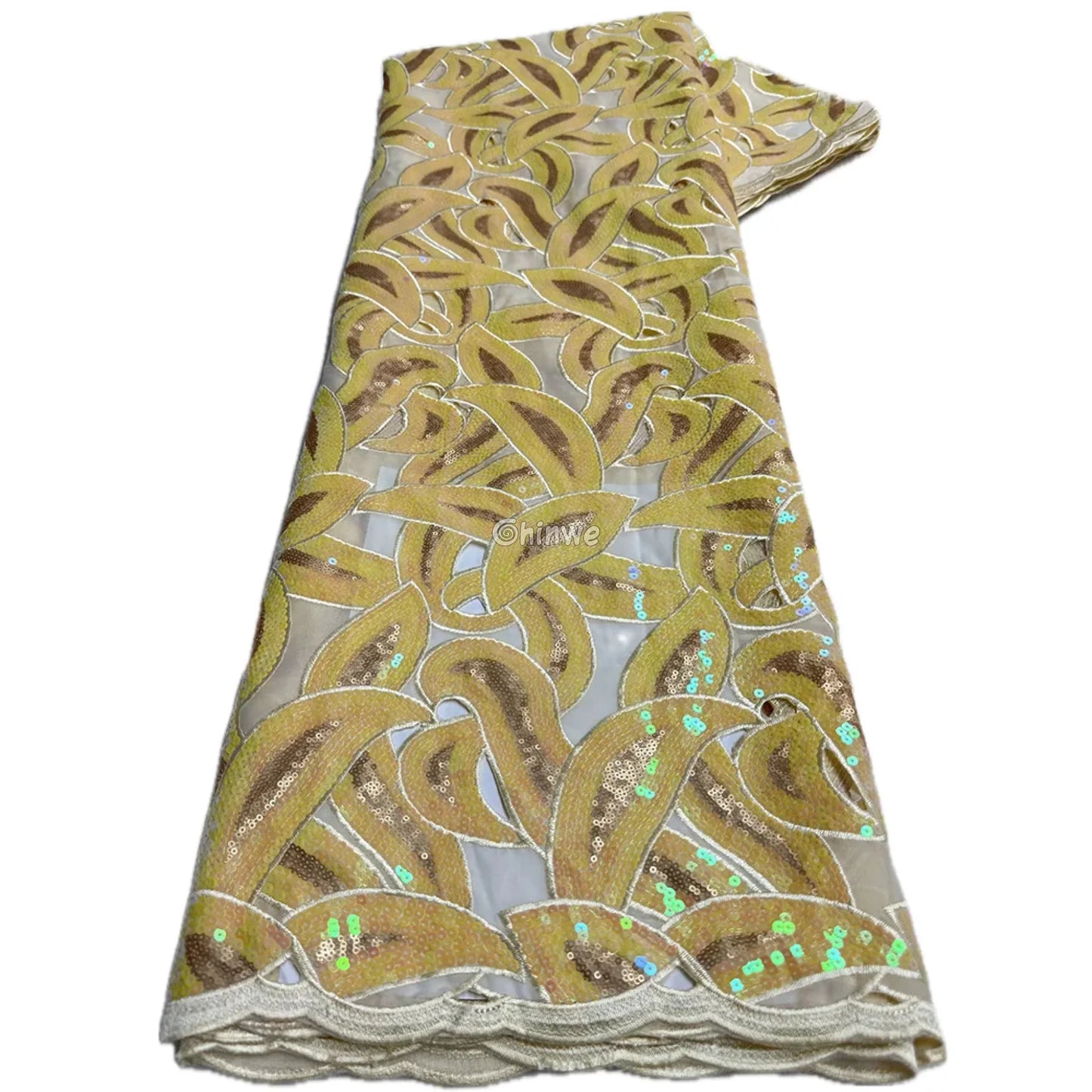 Interlocking Loop Abstract Motif Sequin Lace Print Fabric with Sheer Tulle Base Ivory & Gold Interlocking Loop Lace / 5