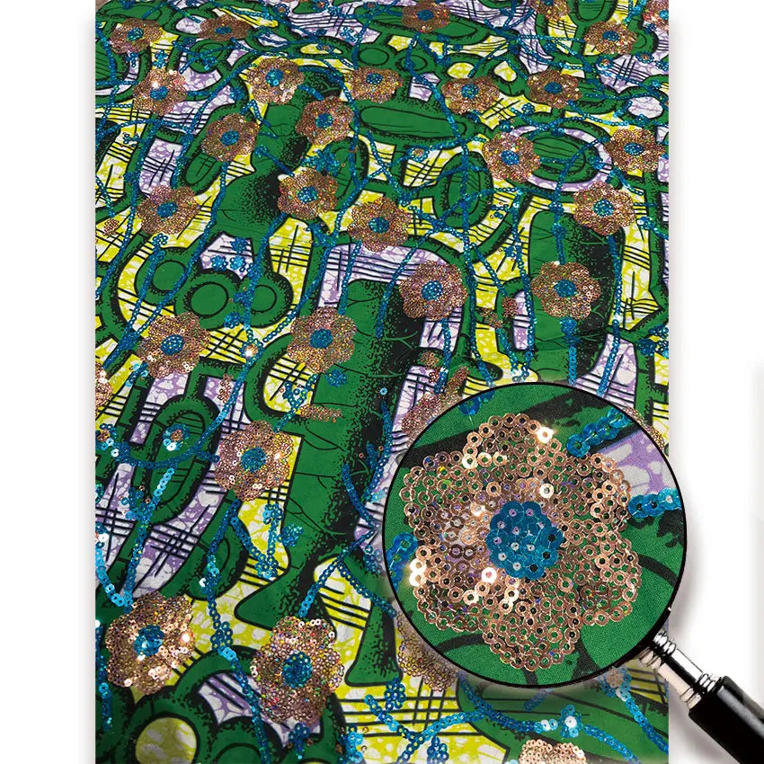 Emerald & Gold Medallion Sequin Wax Fabric – Blue Accents, 100% Cotton, 6 Yards