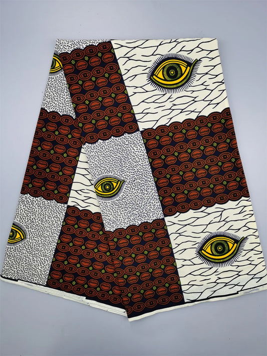 Watchful Eye Ankara Real Wax Print – Cream & Rust Checkerboard, 100% Cotton, 6 Yards