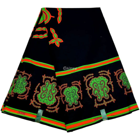 Black Ankara Fabric with Vibrant Green Paisley and Red Accents – Bold and Unique African Wax B 6 Yards African Wax