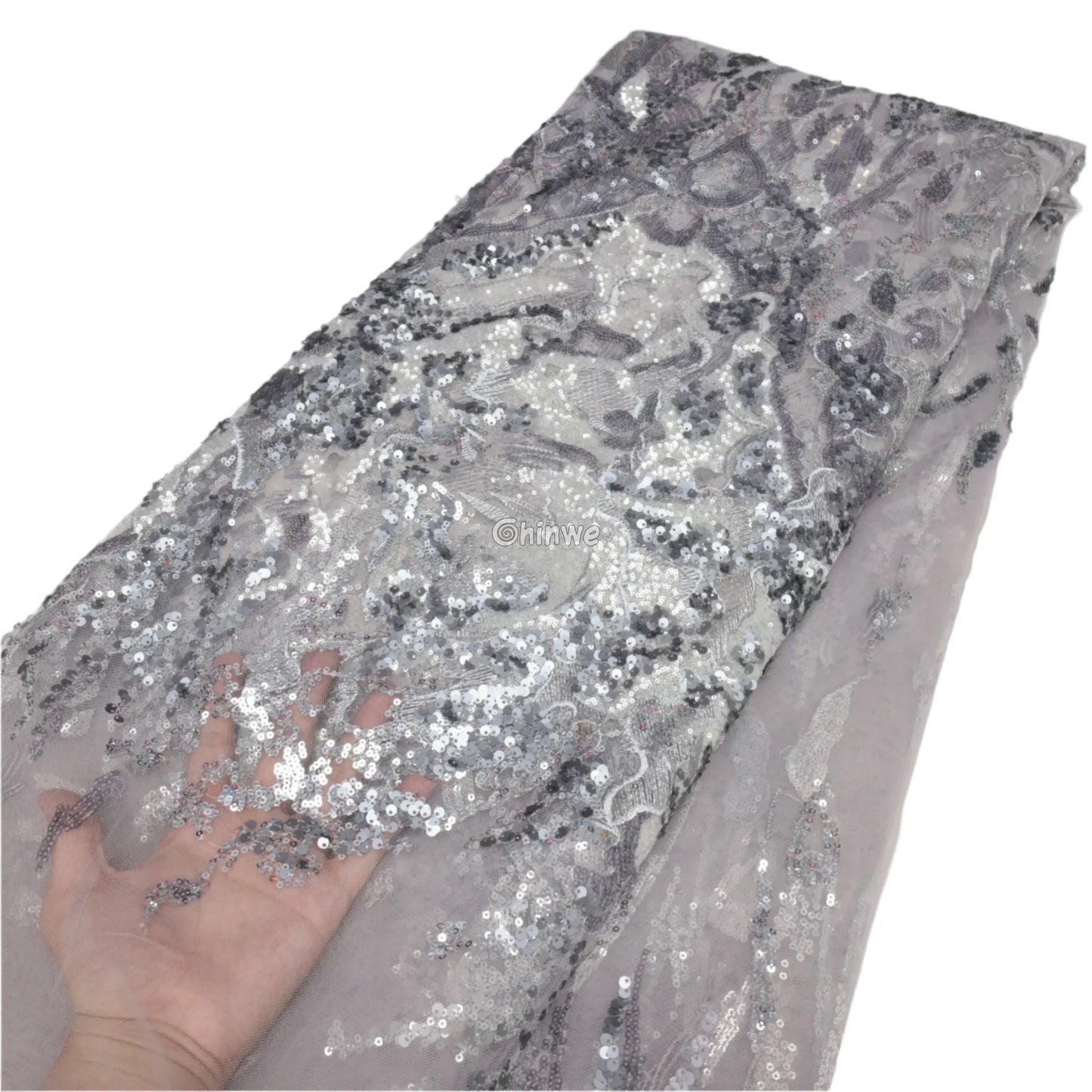 Silver & Lilac Gray Swirl Floral Vine Sequined Sheer Mesh Lace Embroidery Print Fabric Silver & Lilac Gray Swirl Sequin