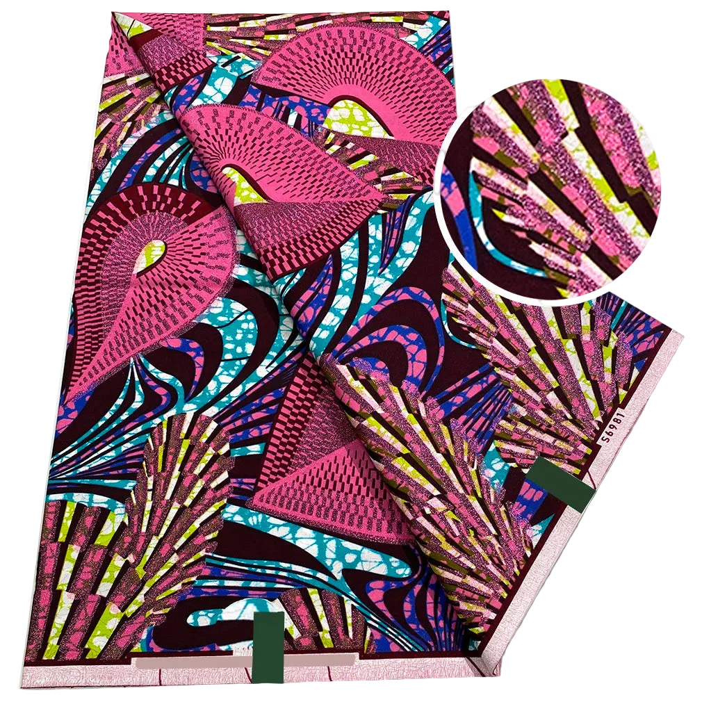 Magenta Fan Ankara Flash Gold Wax Print Fabric – Pink Peacock Fans with Lime Accents, 6 Yards