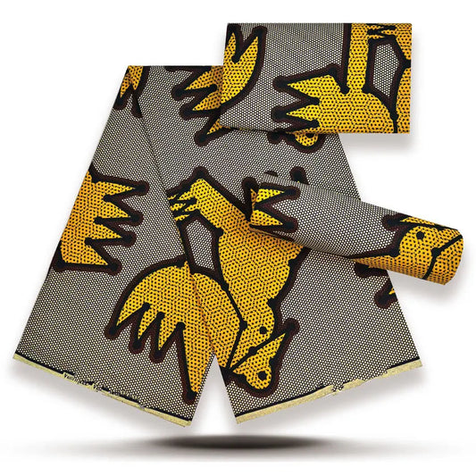 Golden Birds on Grey Gold Sand Wax Print – Bold Single Motif, 100% Cotton, 6 Yards