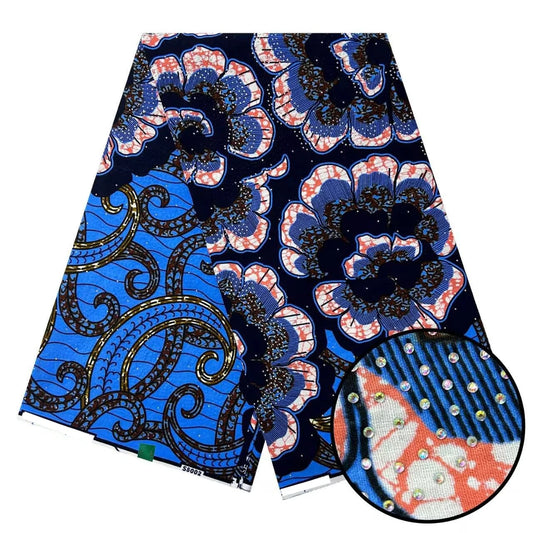 Royal Blue Peony Stoned Wax Print – Navy & Coral, Real Wax with Stones, 6 Yards