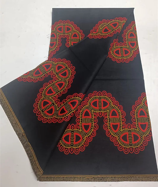 Red Knot Chain on Black Ankara Real Wax Print – Gold Border, 100% Cotton, 6 Yards