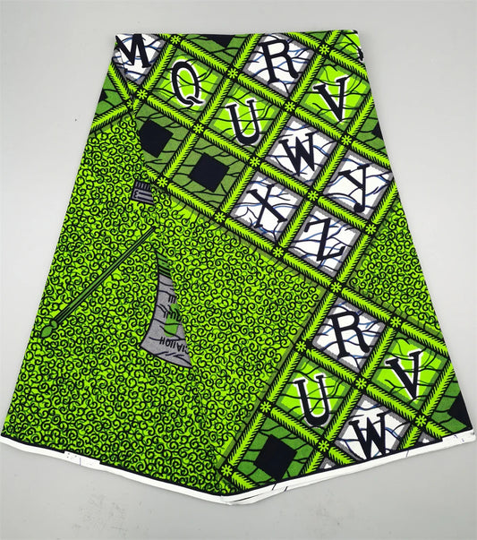 Lime Alphabet Lattice Ankara Real Wax Print – Black & White Letter Tiles, 100% Cotton, 6 Yards