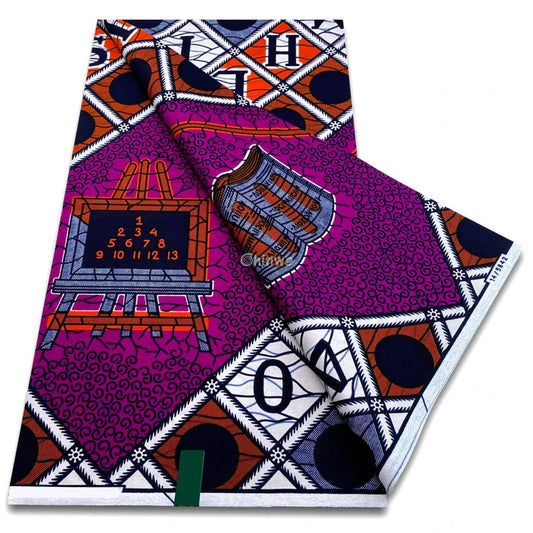 Wax print with alphabet lattice chalkboard grid and stacked book emblems in bold academic theme Purple Navy Academic
