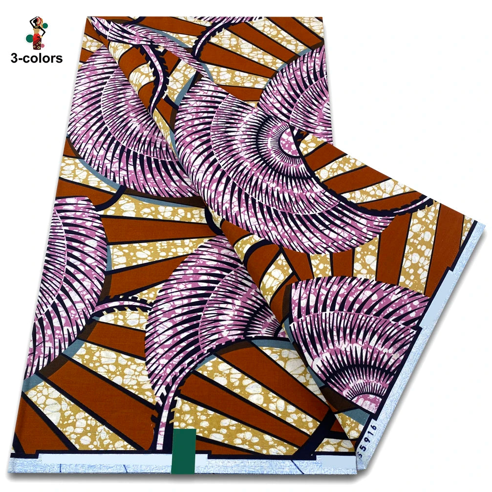 Blush and Rust Peacock Fan Ankara Real Wax Print – Cream Stripes, 100% Cotton, 6 Yards