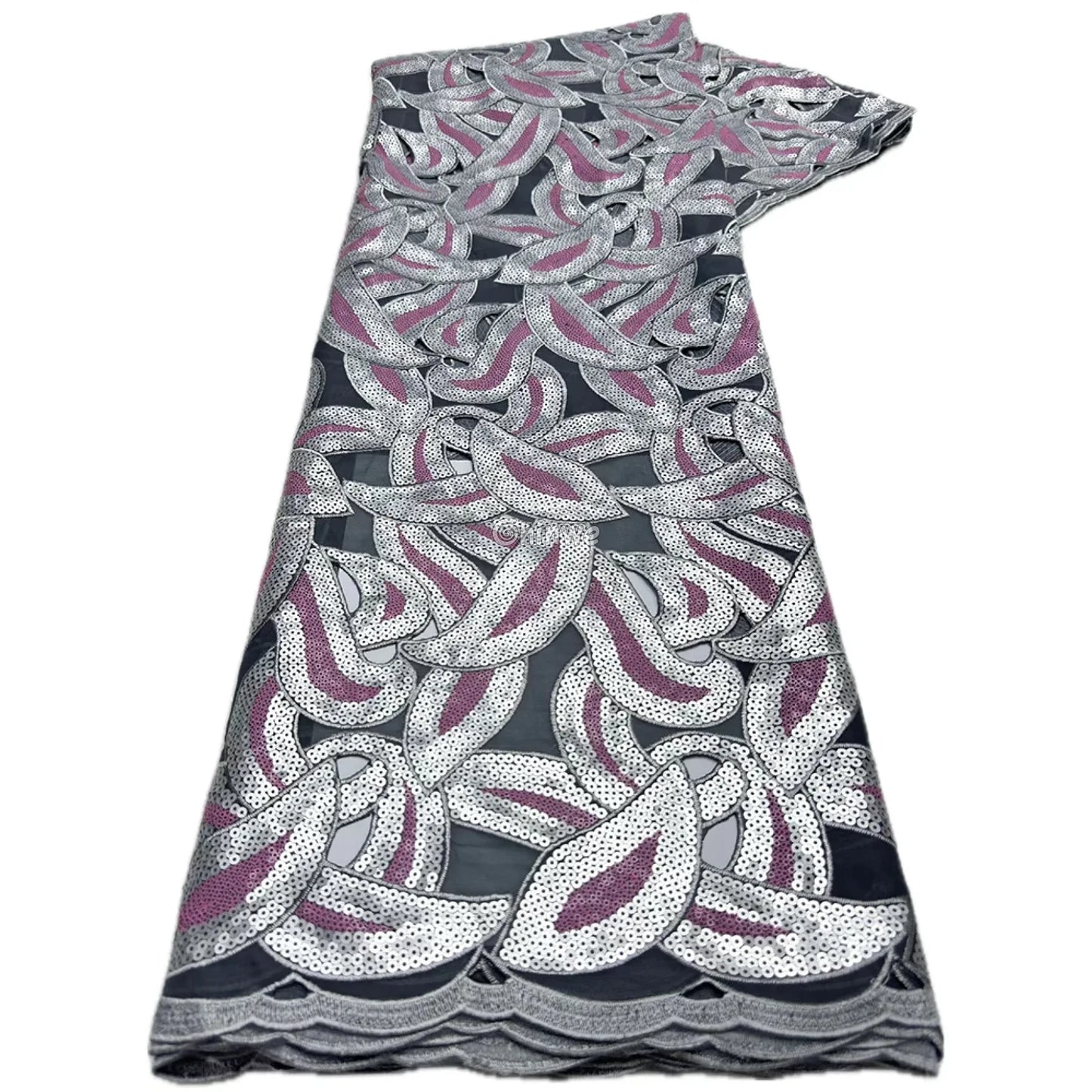 Interlocking Loop Abstract Motif Sequin Lace Print Fabric with Sheer Tulle Base Charcoal Grey & Rose Pink Interlocking