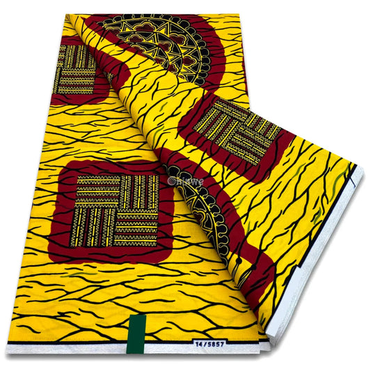 Brick and Circle Motif on Golden Yellow with Black Crackle Veins and Deep Red Accents Golden Brickburst / 6 yards