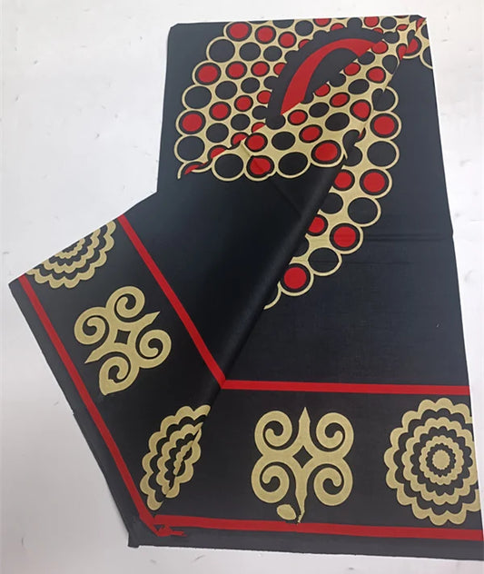 Cream & Red Adinkra Symbols on Black Ankara Real Wax Print – Red Line Border, 100% Cotton, 6 Yards