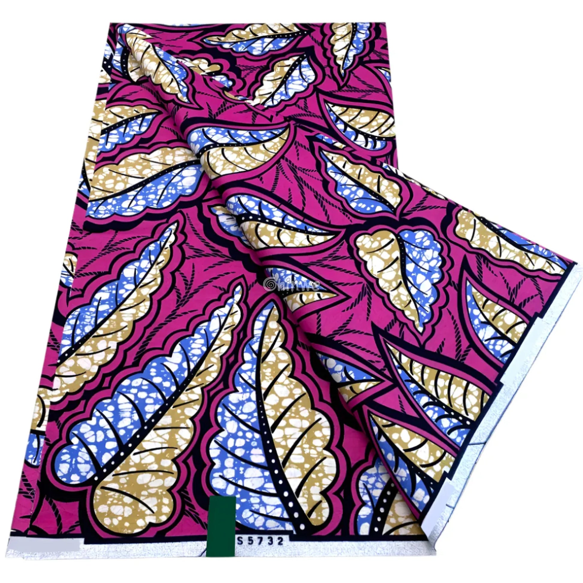 Wax Print Cotton with Bold Blue & Gold Leaf Motif on Purple-Pink Ground Super-Wax by Vlisco Crimson Dandelion Burst on