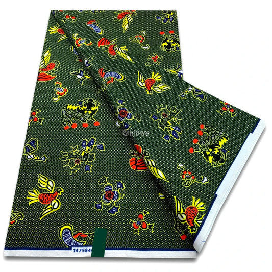 Wax print with multicolor birds elephants and floral icons over a forest green dotted background Deep Forest Green with