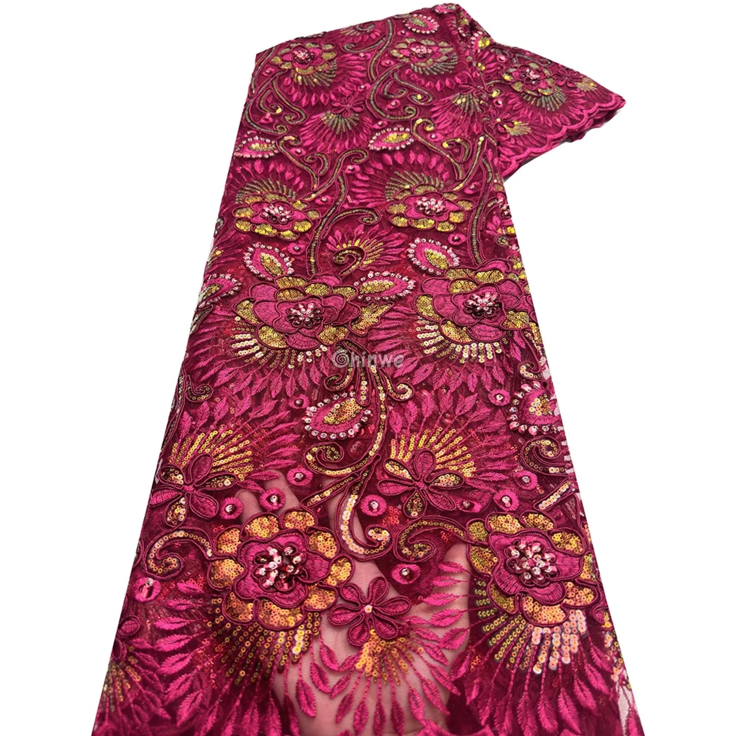 Emerald & Sapphire Blue Floral Vine Lace with Raised Petal Motifs and Iridescent Sequin Embellishments Fuchsia &