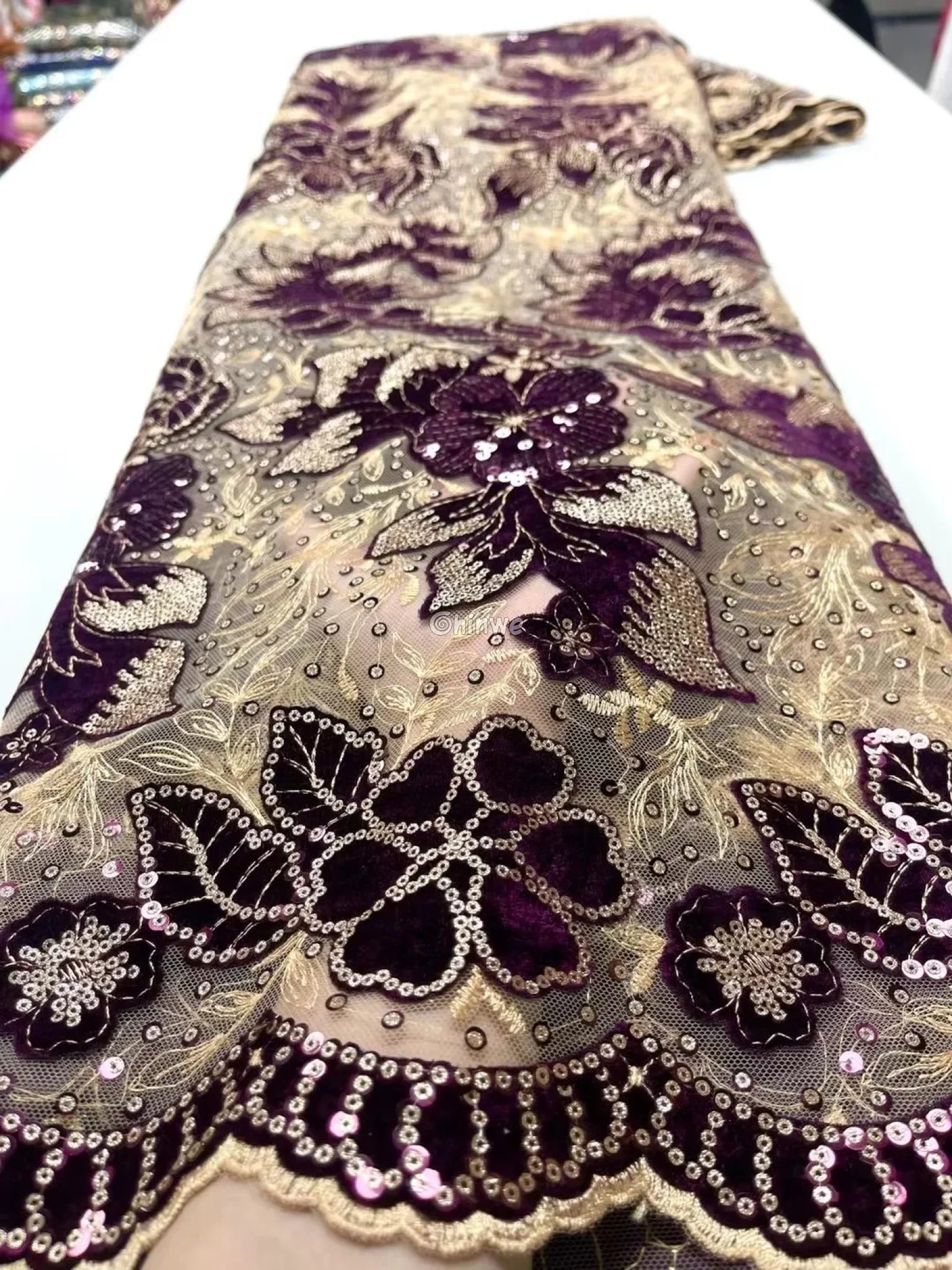 Velvet Lace with Floral Embroidery Sequin Highlights & Scalloped Edge on Sheer Mesh Base Wine Purple & Gold / 5 yards