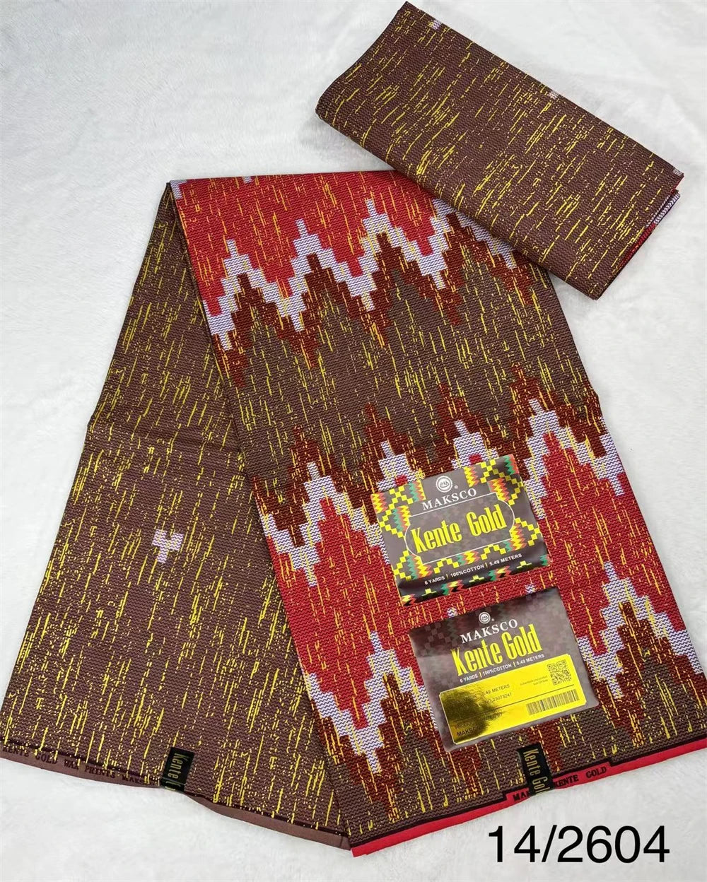 Red and Brown Stepped Zigzag Kente-Style Print Fabric, 6 Yards