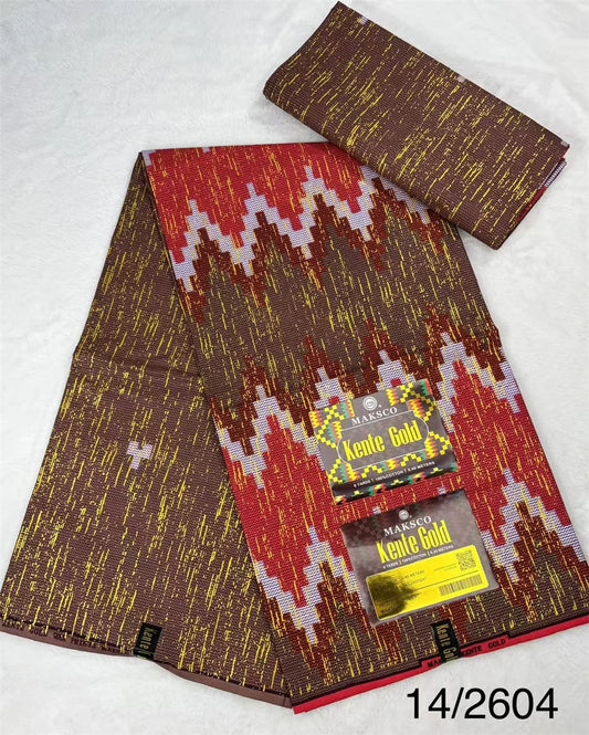 Red and Brown Stepped Zigzag Kente-Style Print Fabric, 6 Yards