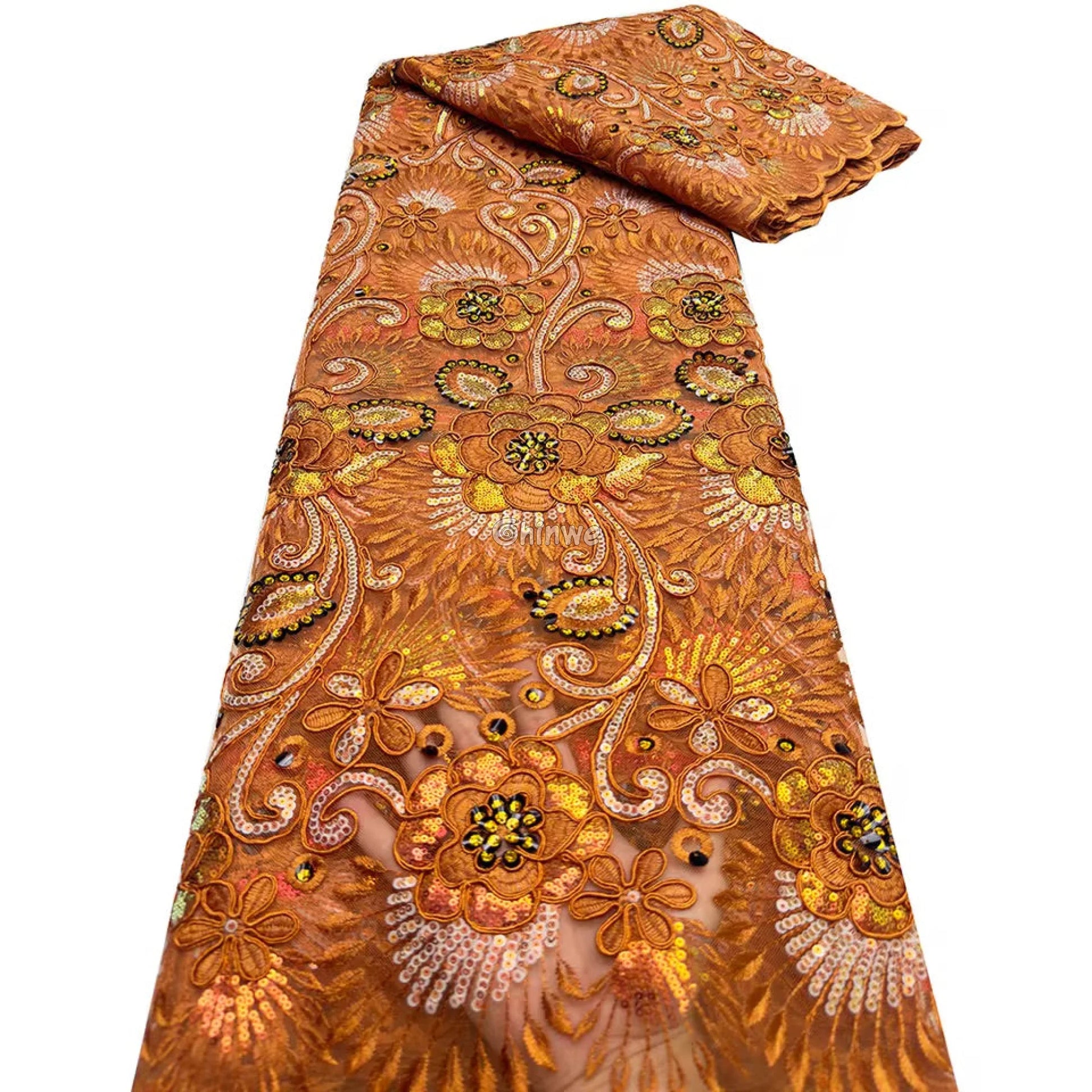 Emerald & Sapphire Blue Floral Vine Lace with Raised Petal Motifs and Iridescent Sequin Embellishments