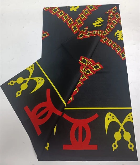 Red & Yellow Adinkra Symbols on Black Ankara Real Wax Print – 100% Cotton, 6 Yards