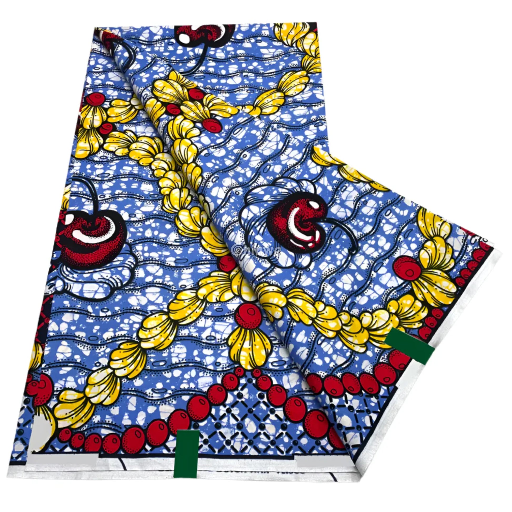 Cherry Garland & Ruffled Bloom Motif on Ocean Blue Batik with Red Beads and Yellow Petal Accents Cherry Bloom and