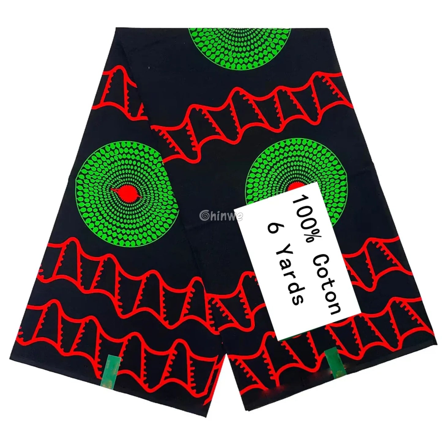 Black Ankara Fabric with Green Spiral and Red Wave Design 6 Yards African Wax Print Fabric