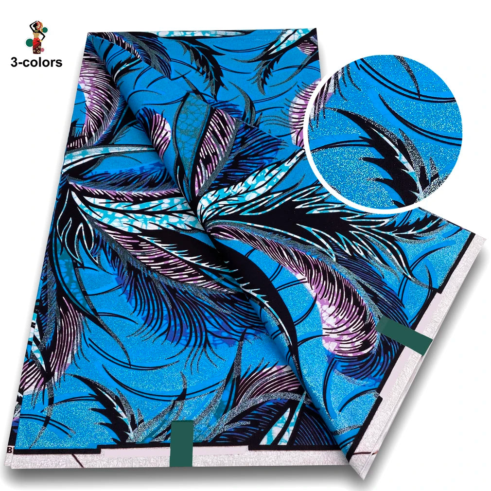Feather Plume Flash Gold Wax Fabric – Emerald Green or Sky Blue, Grand Super Glitter, 6 Yards
