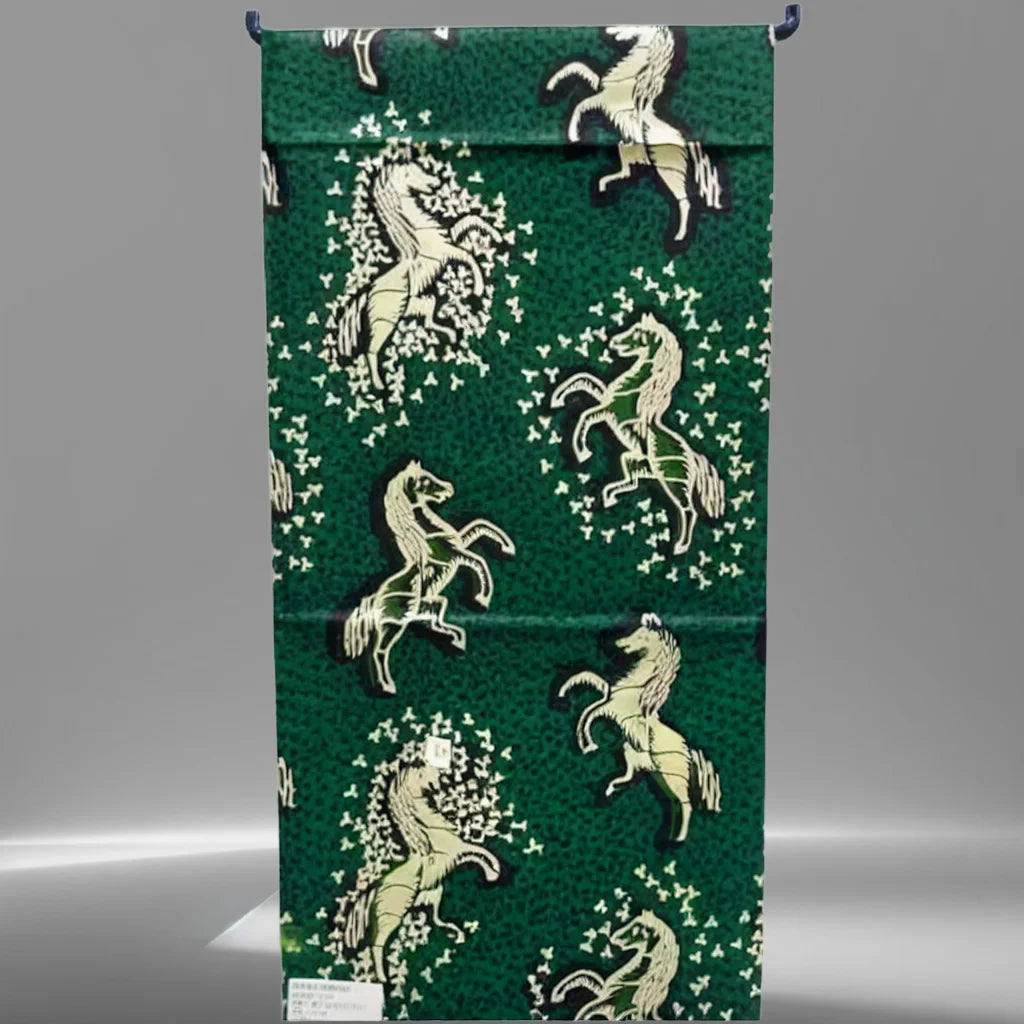 Cream Horses on Green Ankara Jacquard Wax Print – 100% Cotton, 6 Yards