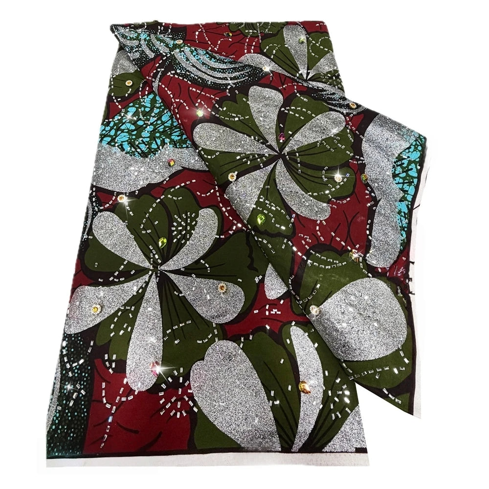 Olive & Silver Pinwheel Stoned Wax Print – Red Ground, Heavyweight Poplin with Stones, 6 Yards