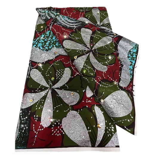 Olive & Silver Pinwheel Stoned Wax Print – Red Ground, Heavyweight Poplin with Stones, 6 Yards