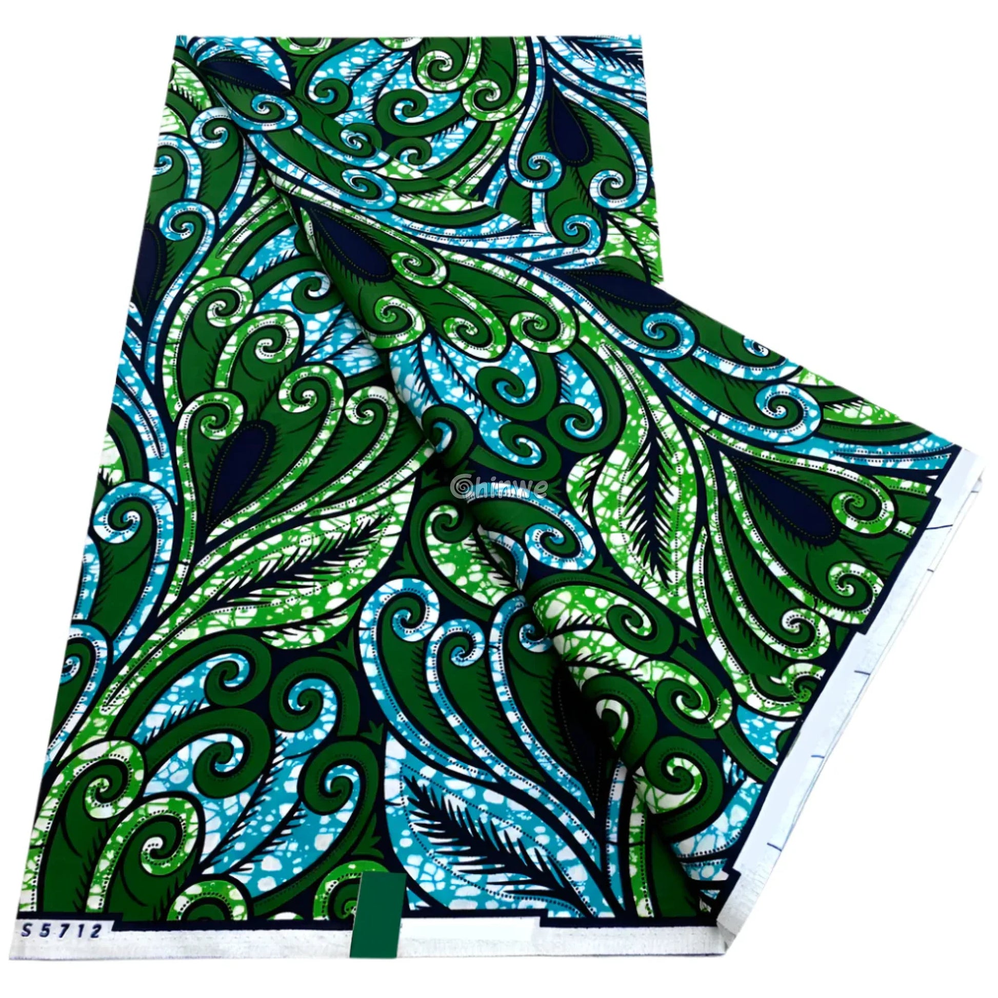 Emerald Green and Aqua Swirl Pattern with Feathered Leaf Motif and Dark Navy Teardrop Detailing Ocean Swirl with