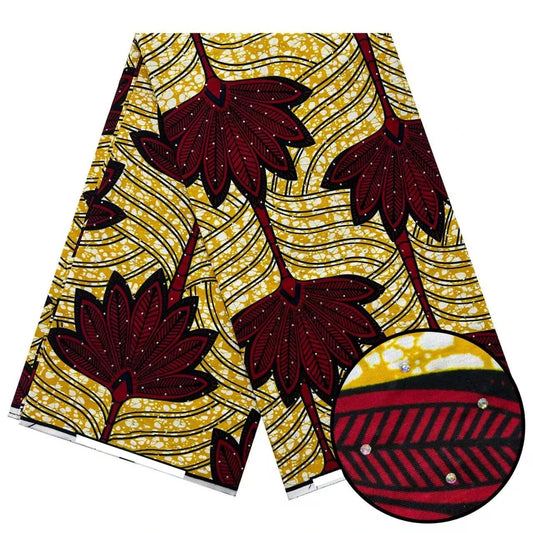 Burgundy Lotus on Gold Stoned Wax Print – Real Wax with Stones, 6 Yards
