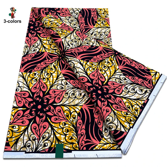 Coral and Gold Kaleidoscope Ankara Real Wax Print – Black Accents, 100% Cotton, 6 Yards