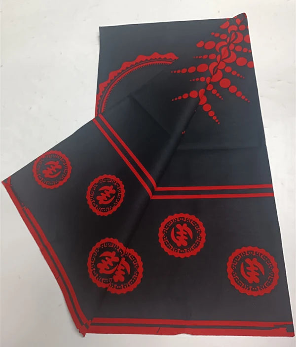 Red Adinkra Rings on Black Ankara Real Wax Print – Red Border, 100% Cotton, 6 Yards