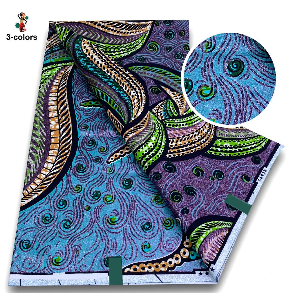 Peacock Eye Flash Gold Wax Print – Teal & Purple Feathers, Grand Super Glitter, 6 Yards