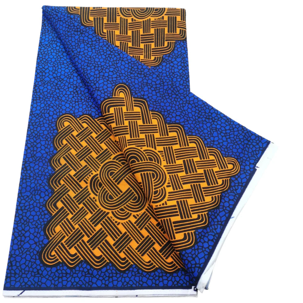 Royal blue Ankara real wax print with large tan interlaced knot diamonds, 100% cotton, 6 yards