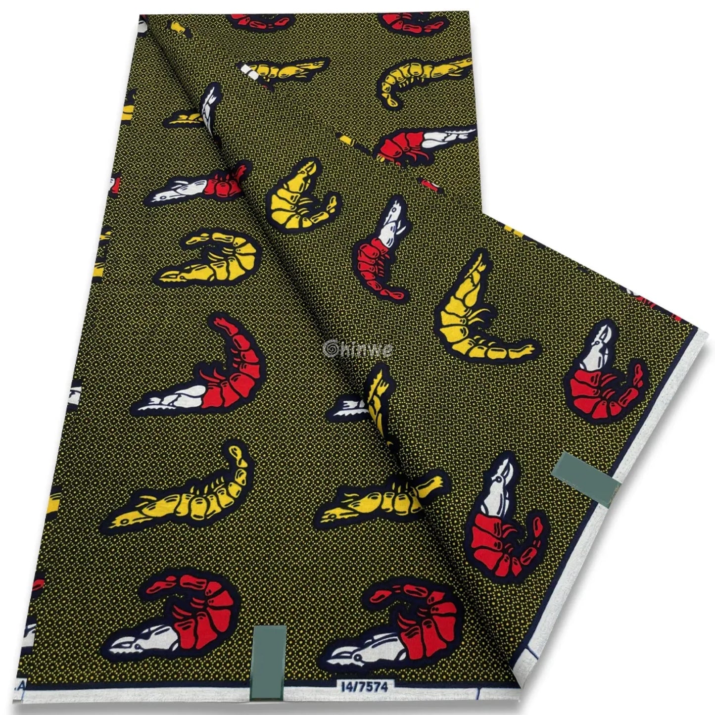 Shrimp Pattern African Wax Print Fabric – Red and Yellow Crustacean Motif on Olive Background Red & Yellow Shrimp Print