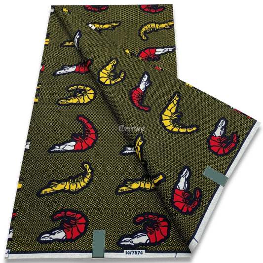 Shrimp Pattern African Wax Print Fabric – Red and Yellow Crustacean Motif on Olive Background Red & Yellow Shrimp Print