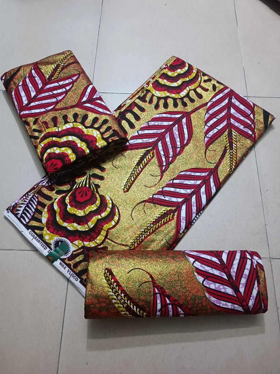 Gold and Magenta Feather Rose Ankara gold wax print fabric, 6 yards