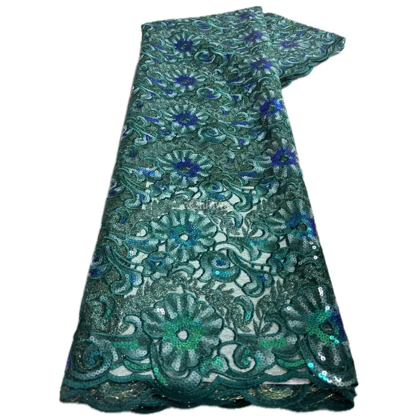 Cobalt & Aqua Floral Medallion Sequin Lace Print Fabric with Scalloped Edge and Lustrous Sheen Emerald & Teal Floral