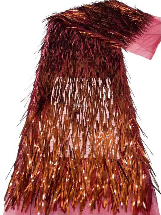 Iridescent Sequin Tinsel Fringe Fabric with Layered Shimmer Strips and Sheer Mesh Base Crimson Copper Fringe / 120cm