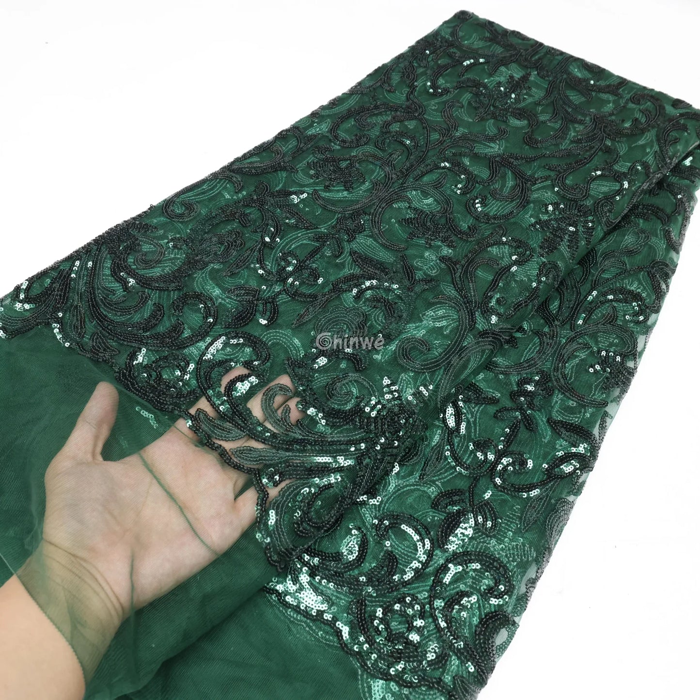 Swirl-Vine Sequin Lace Mesh Fabric Forest Green & Black Swirl Vine Sequin Lace / 5 Yards / 120cm Lace