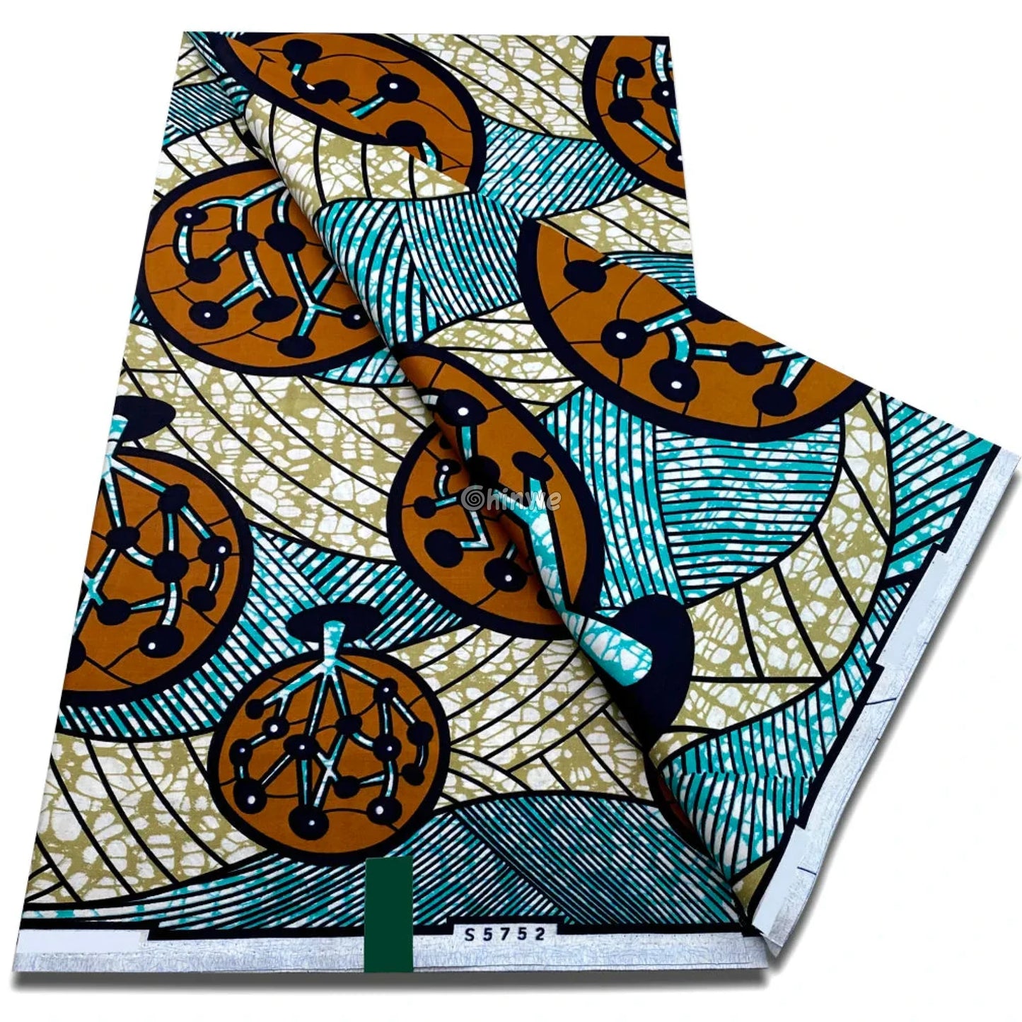 Layered Fan Grid with Circular Rust Motifs and Teal Linework on Wax-Crackled Beige Ground Teal & Rust / 6 yards African