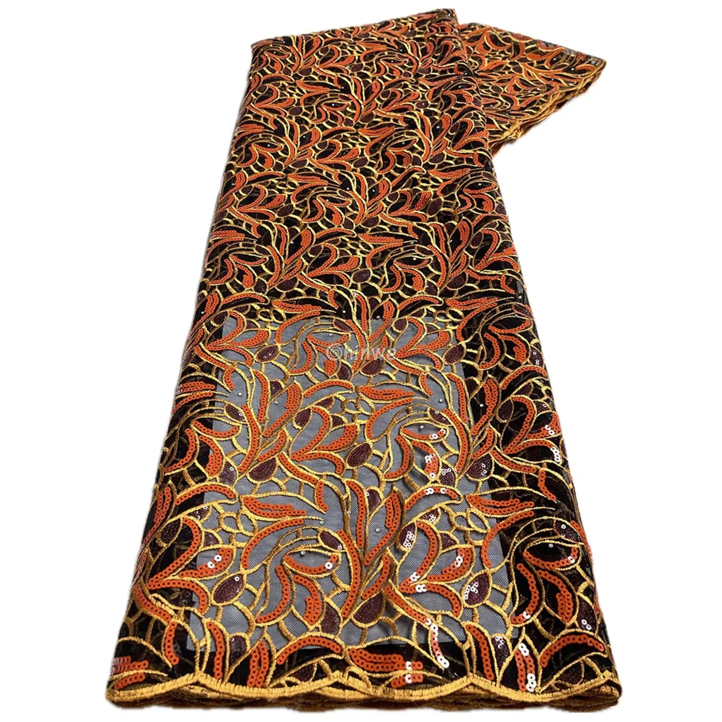 Emerald & Midnight Black Sequined & Embroidered Leaf & Vine Appliqué Mesh Print Fabric Amber Orange & Chocolate Leaf