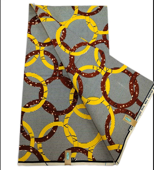 Grey and Gold Interlocking Ring Ankara wax print fabric, 6 yards