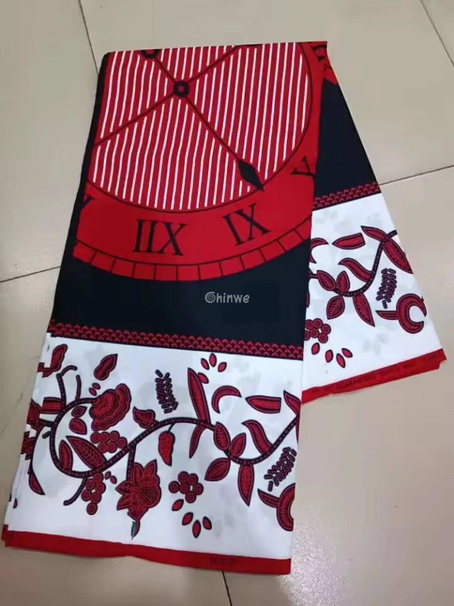 Red and Black Ankara Fabric with Clockface and Floral Border Design 6 Yards African Wax Print Fabric