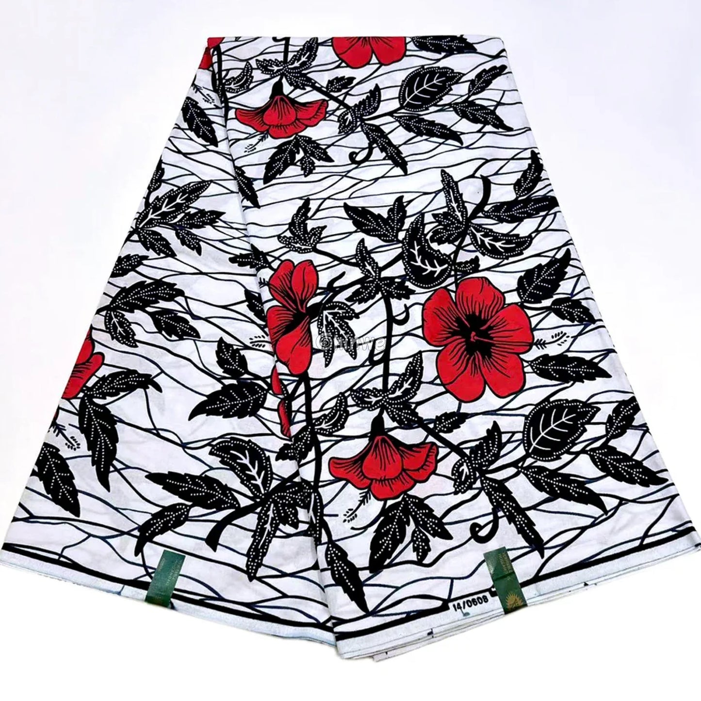 Bold Scarlet Bloom Fabric – Red Hibiscus and Black Leaves on White Ankara Print 6 Yards African Wax Print Fabric