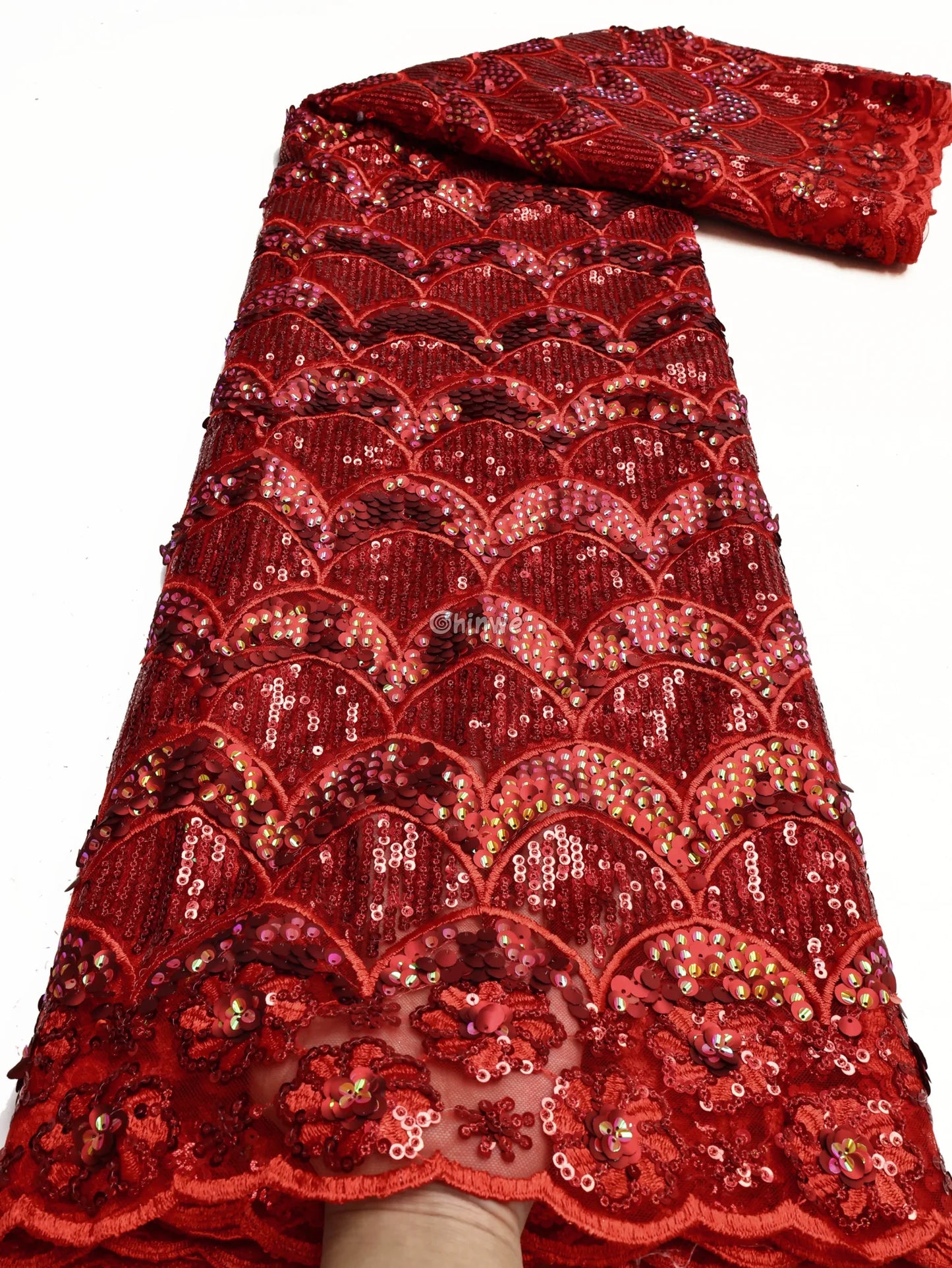 Scalloped-Arch Sequin Lace Print Fabric with Embroidered Floral Border and Sequined Sheen Scarlet Red Scalloped‐Arch