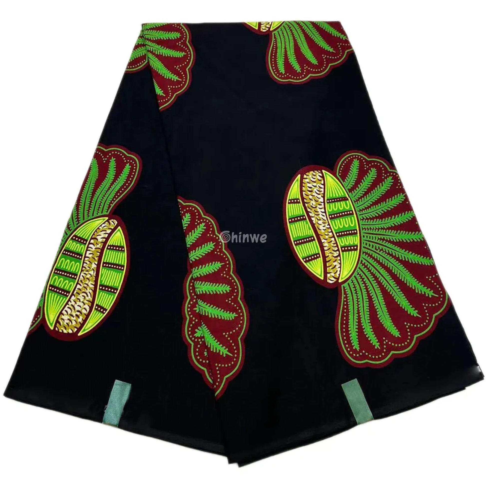 Tropical Seed Pod Design Fabric – Green and Red Motif on Black Ankara Wax Print 6 Yards African Wax Print Fabric