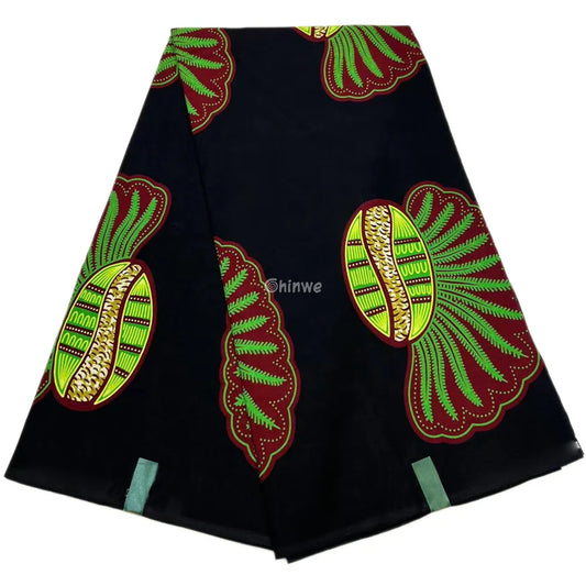 Tropical Seed Pod Design Fabric – Green and Red Motif on Black Ankara Wax Print 6 Yards African Wax Print Fabric