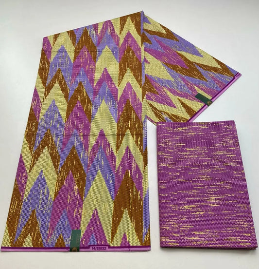 Lilac, Pink and Mustard Chevron Kente-Style Print Fabric, 6 Yards